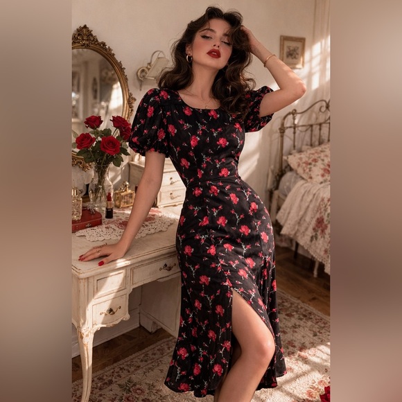 miami Dresses & Skirts - Mi Ami Retro Pinup Style Floral Print Midi Dress Black Red Size Small
